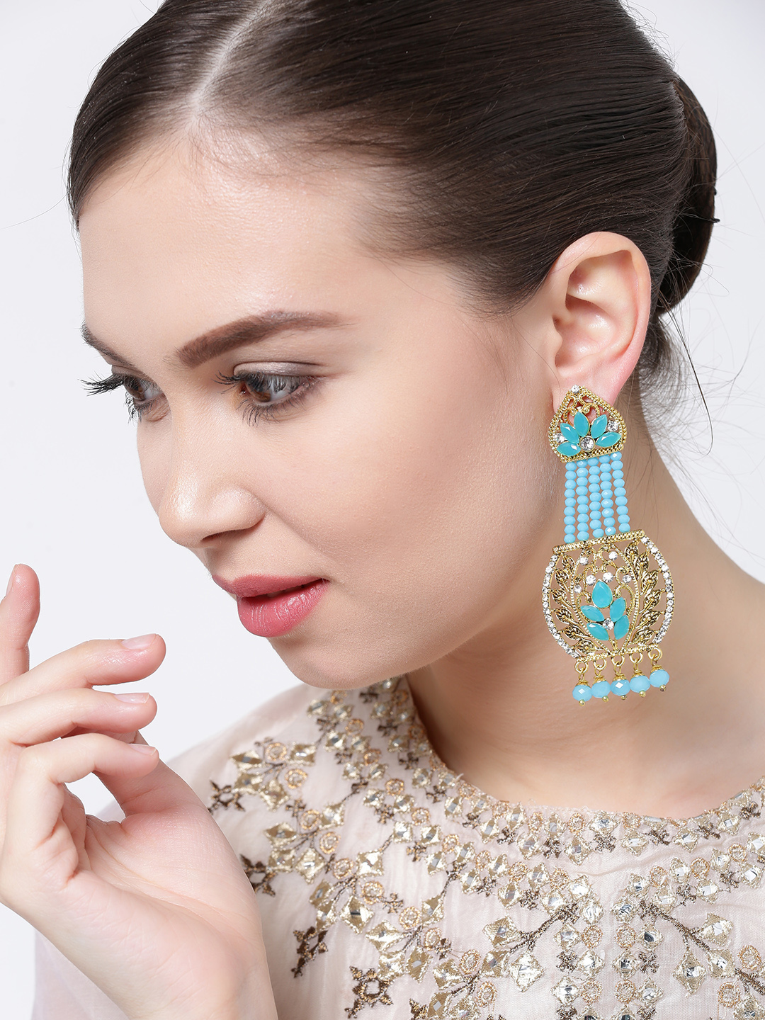YouBella Blue Gold-Plated Stone-Studded Drop Earrings